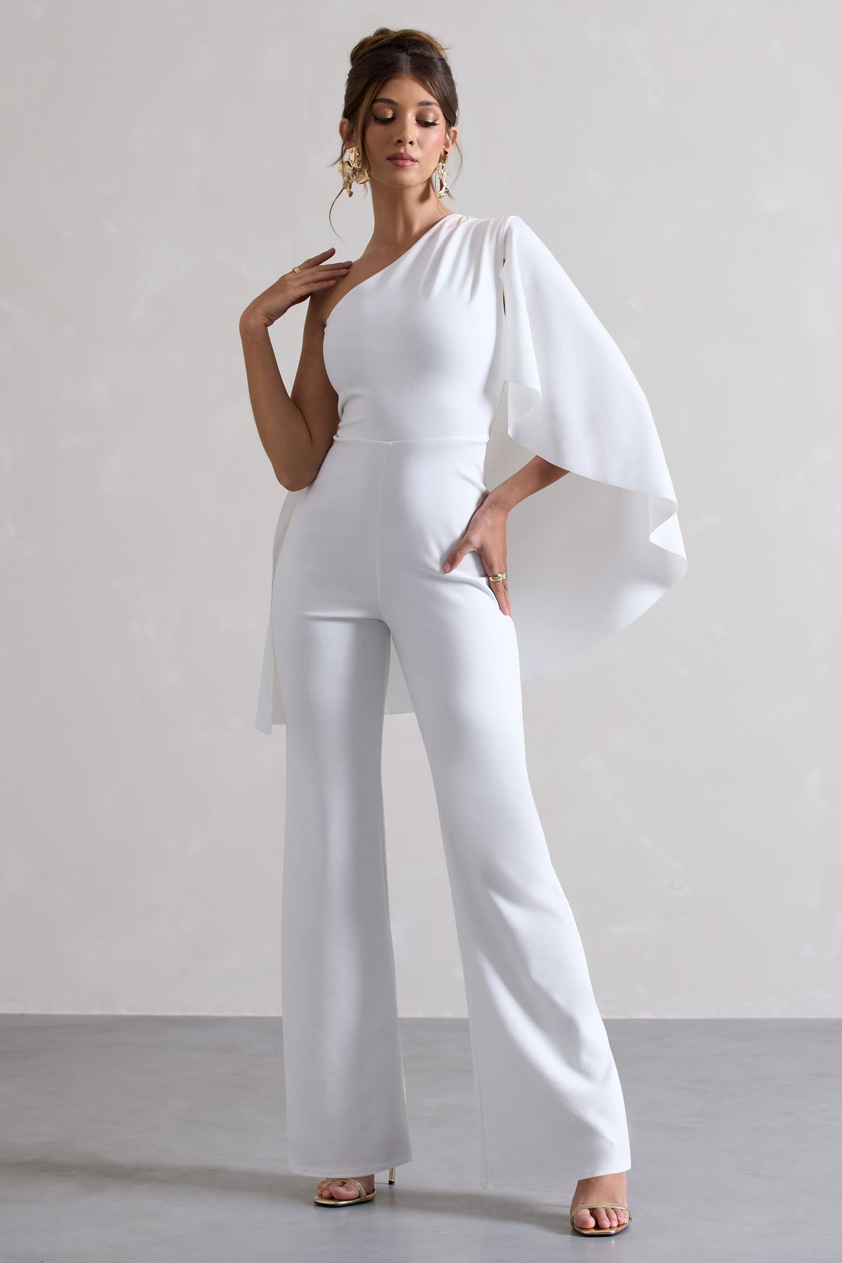 Pristine | White One Shoulder Cape Sleeve Flared-Leg Jumpsuit