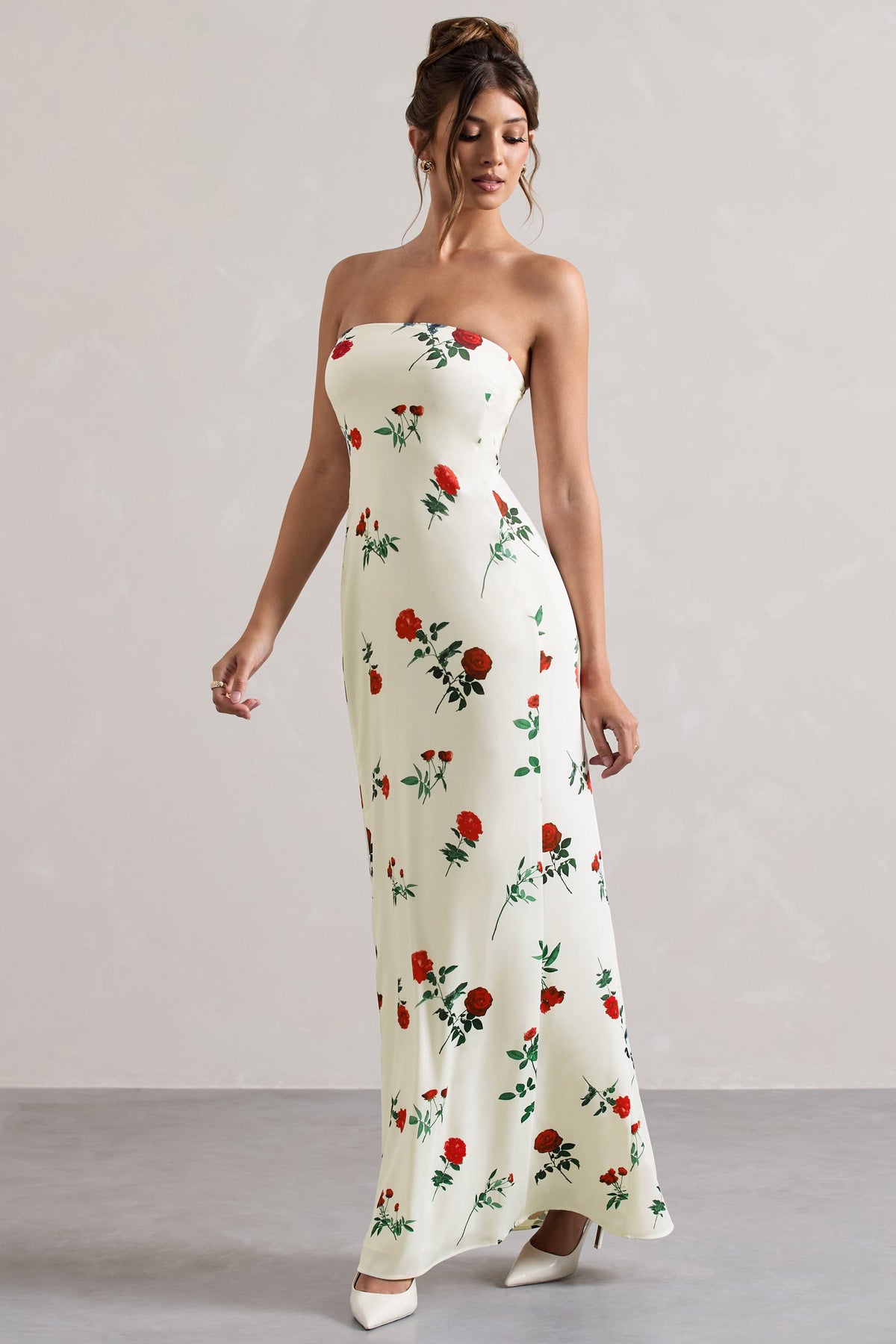 Azra | Rose Print Satin Bandeau Maxi Dress