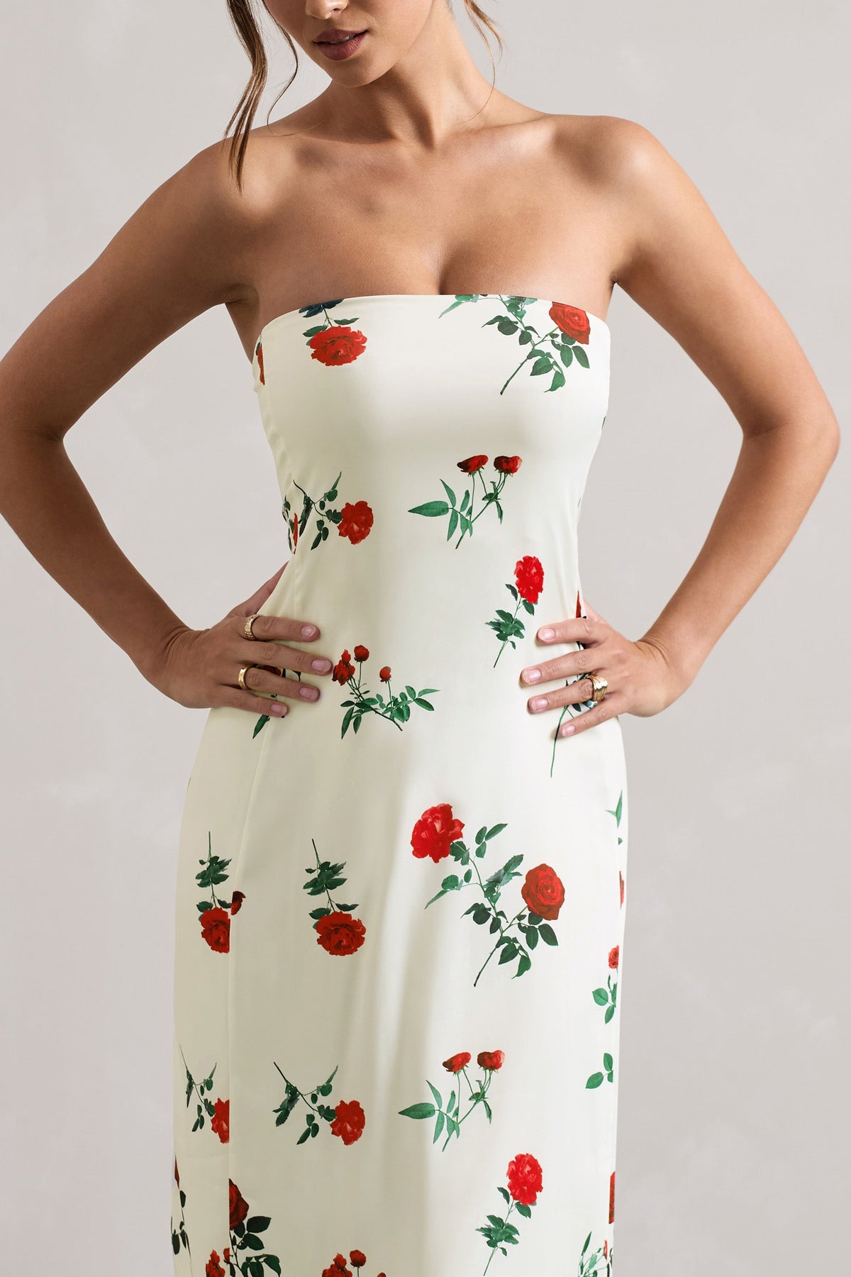 Azra | Rose Print Satin Bandeau Maxi Dress