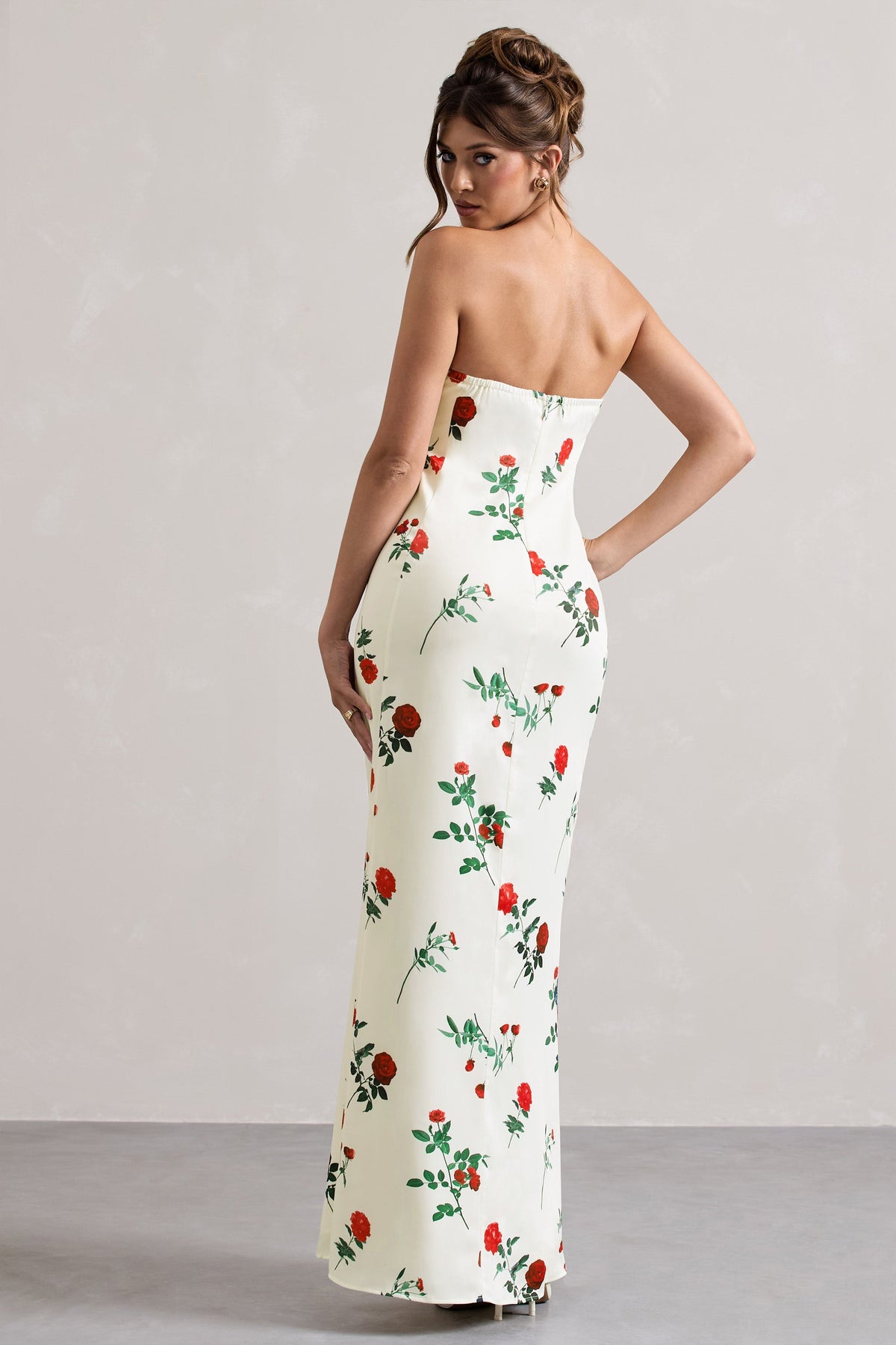 Azra | Rose Print Satin Bandeau Maxi Dress