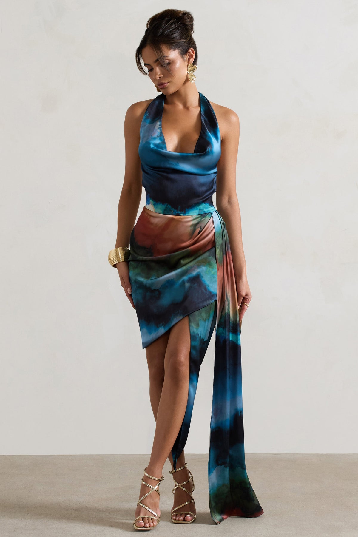 Bali | Blue Blur Print Satin Cowl-Neck Draped Mini Dress