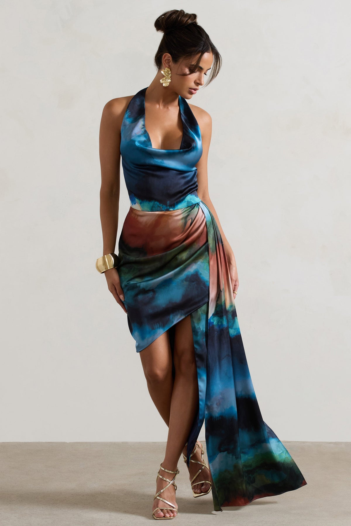 Bali | Blue Blur Print Satin Cowl-Neck Draped Mini Dress