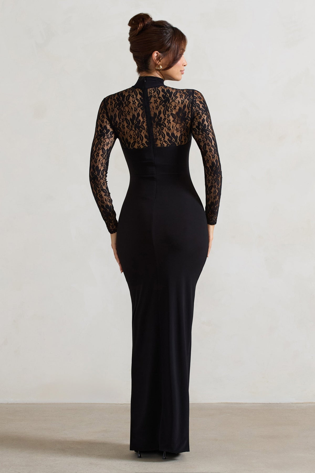 Arden | Black High-Neck Split Maxi Dress With Lace Sleeves