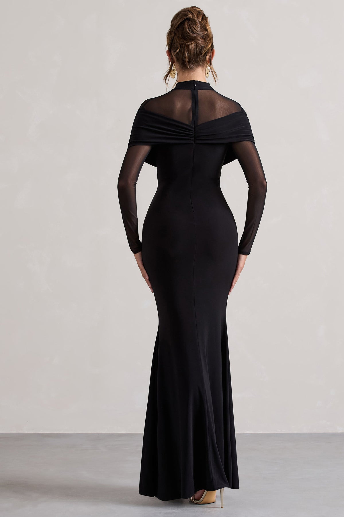 Tasha | Black Mesh High-Neck Long-Sleeve Maxi Dress