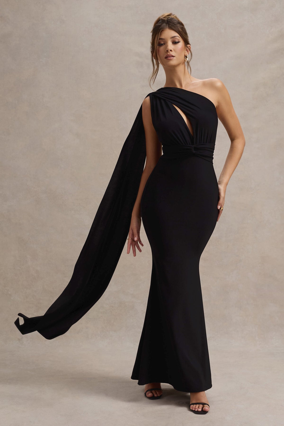 Elaina | Black Asymmetric Knot Maxi Dress With Sash