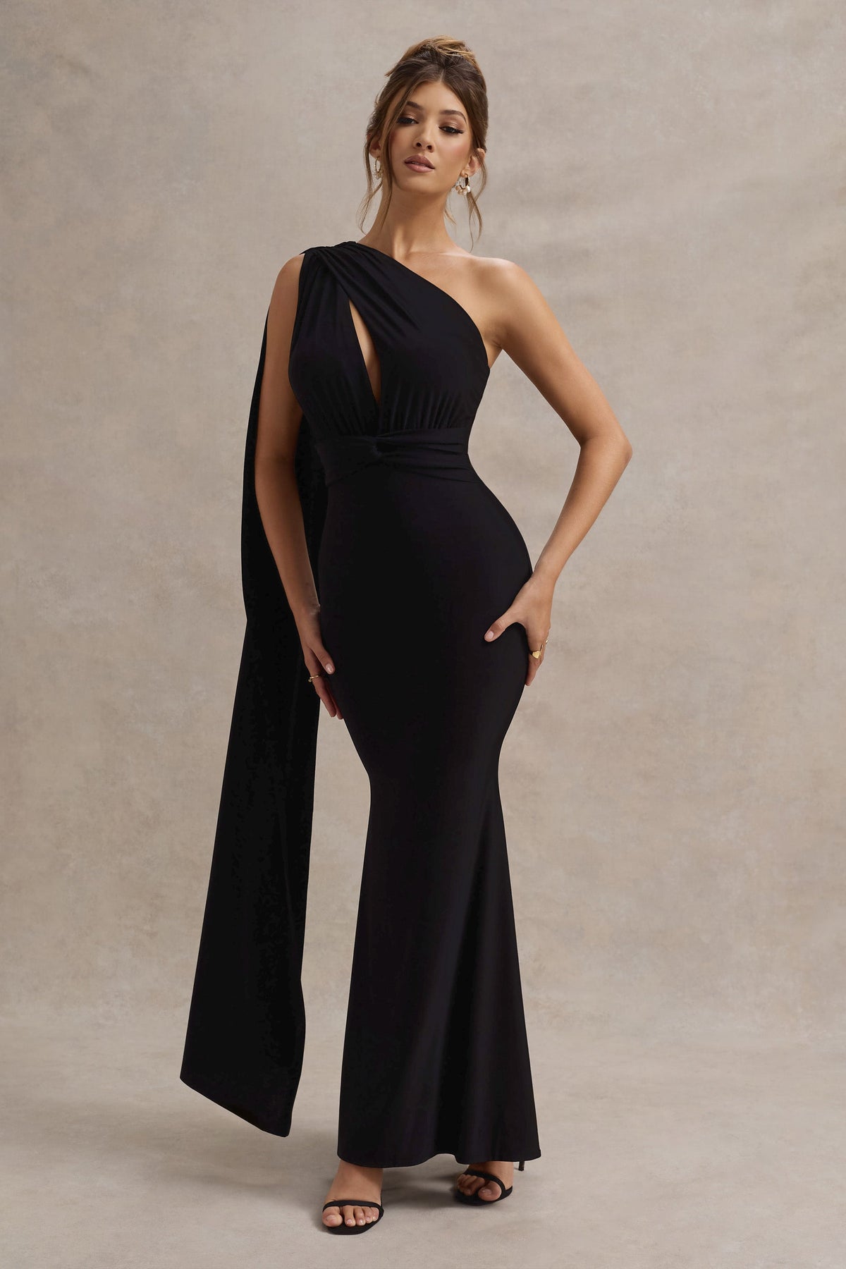 Elaina | Black Asymmetric Knot Maxi Dress With Sash