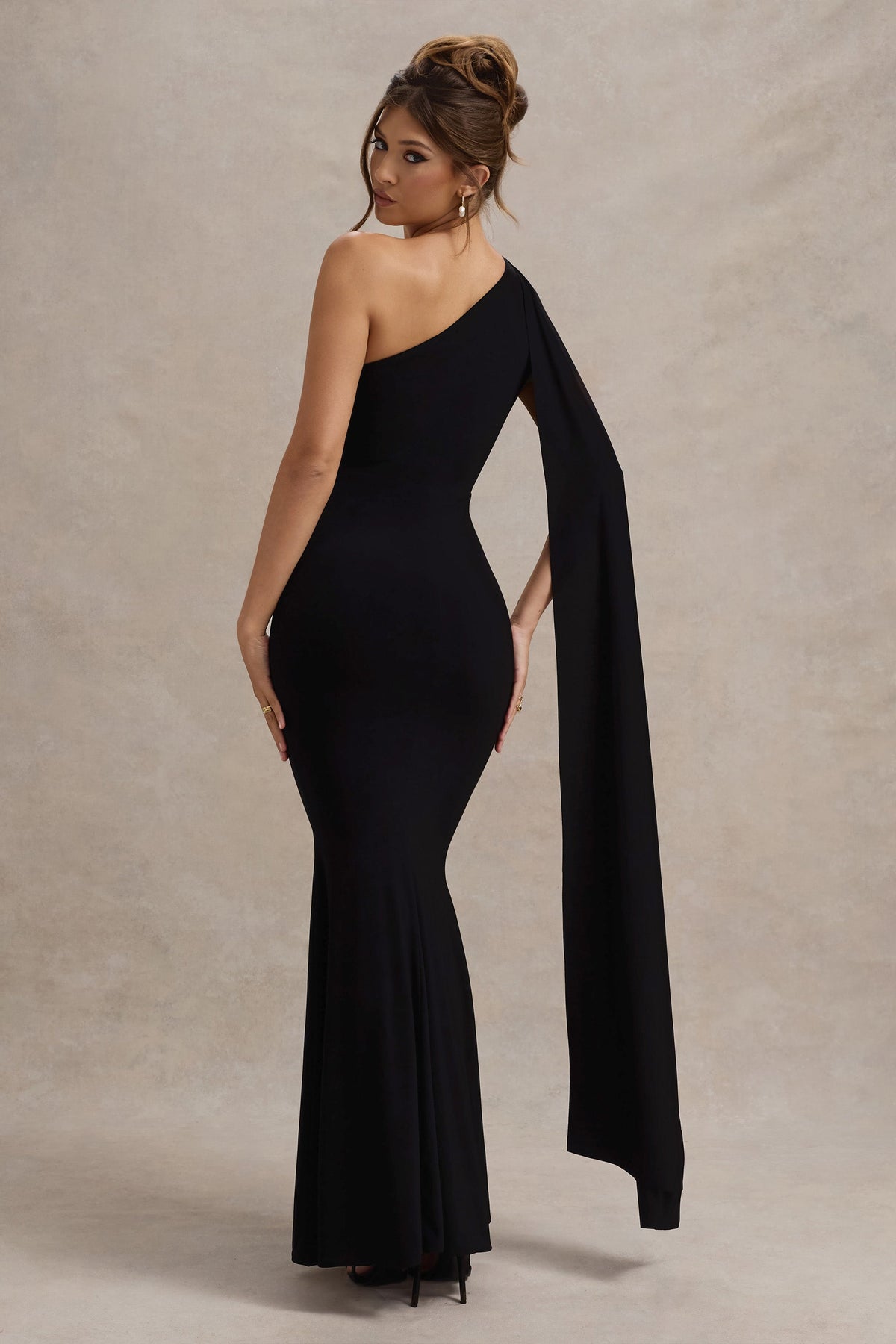 Elaina | Black Asymmetric Knot Maxi Dress With Sash