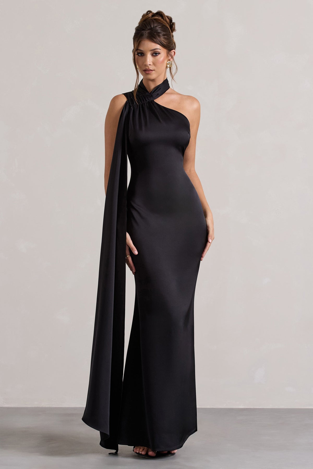 Sancia | Black Satin Asymmetric Maxi Dress With Sash