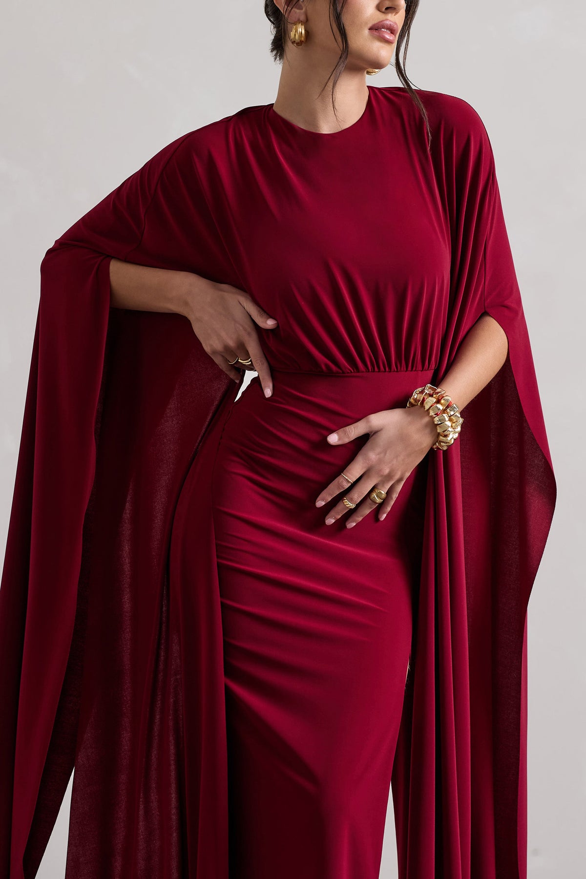 Ilaria | Berry Cape Sleeve Split Maxi Dress