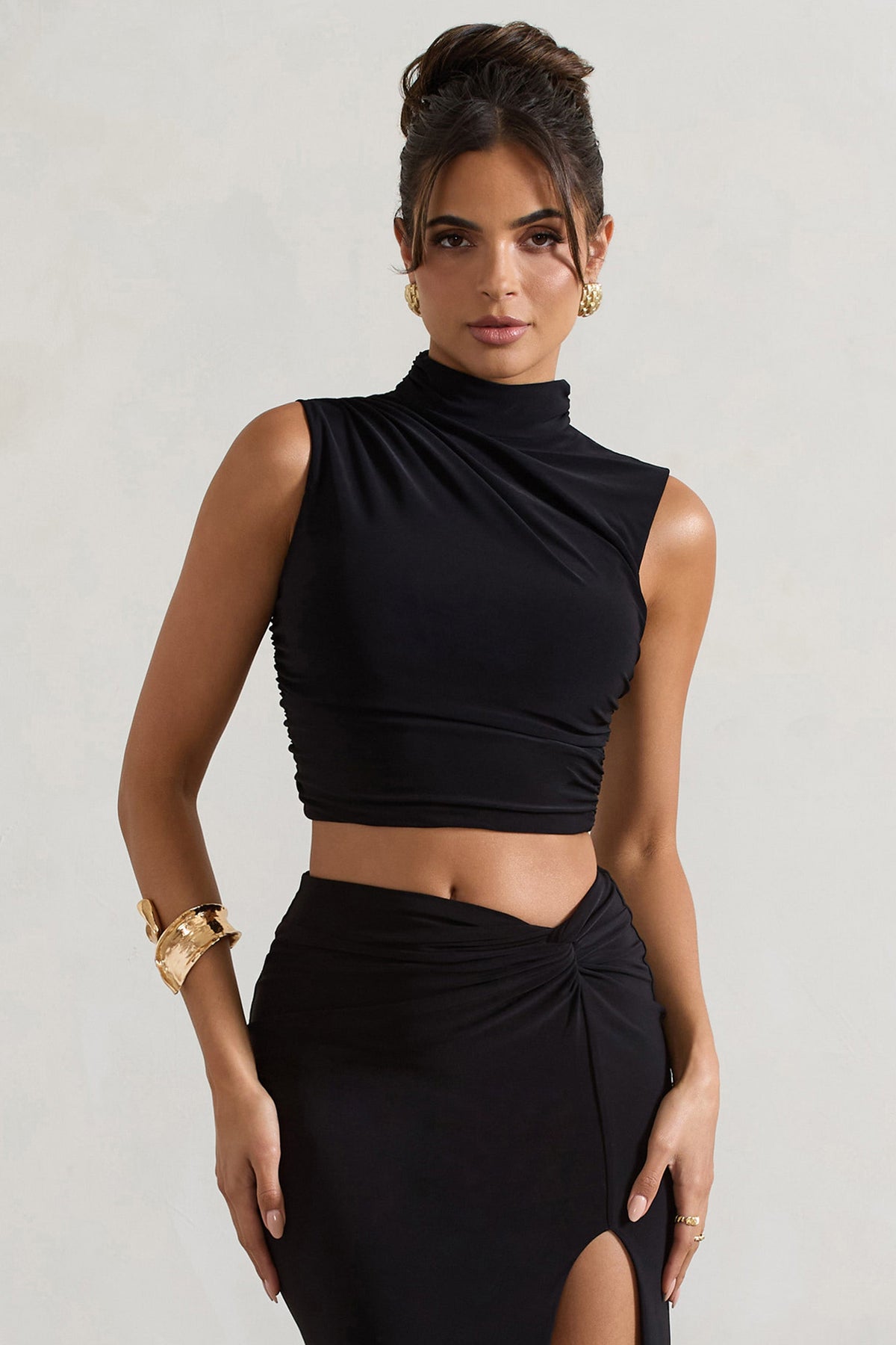 Ischia | Black High-Neck Ruched Top