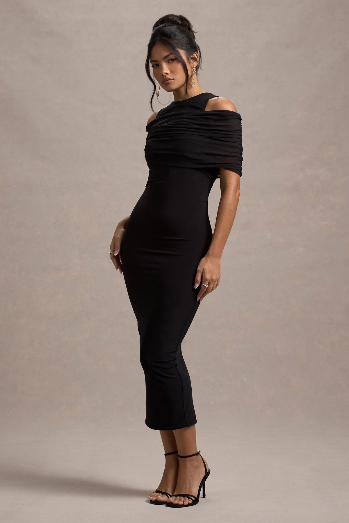 Lupine | Black Mesh Bardot Bodycon Midi Dress