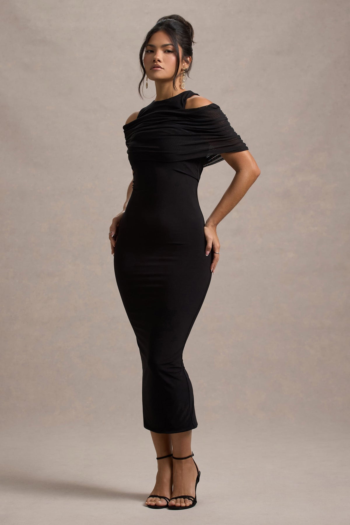 Lupine | Black Mesh Bardot Bodycon Midi Dress