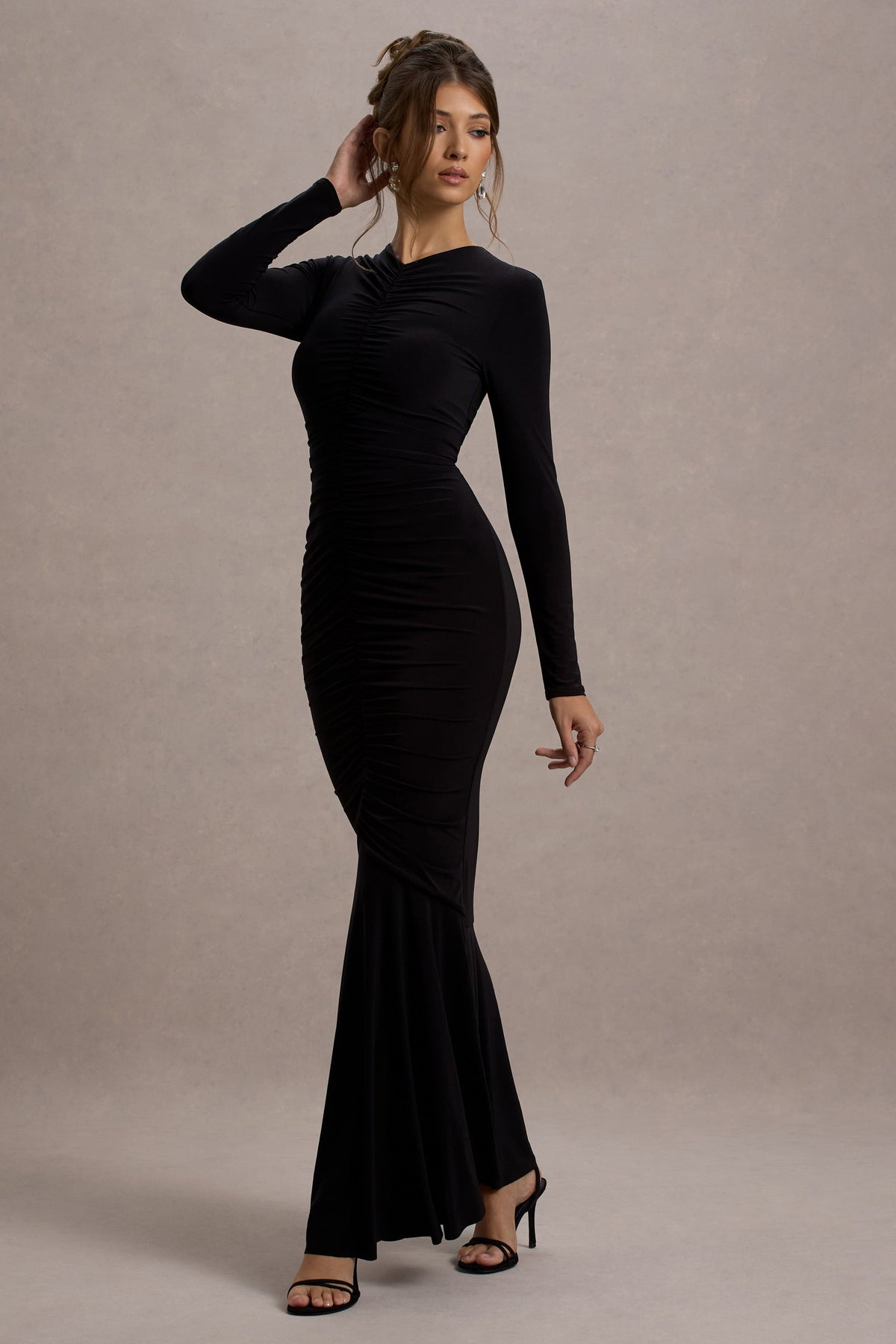 Kalilah | Black Long-Sleeve Ruched  Maxi Dress