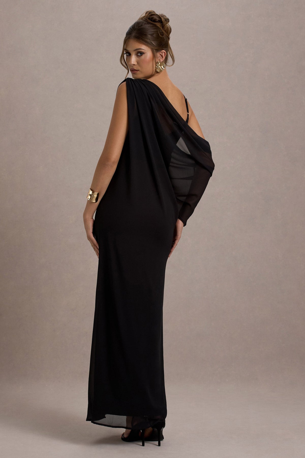 Aeliana | Black Strappy V-Neck Maxi Dress With Chiffon Sash