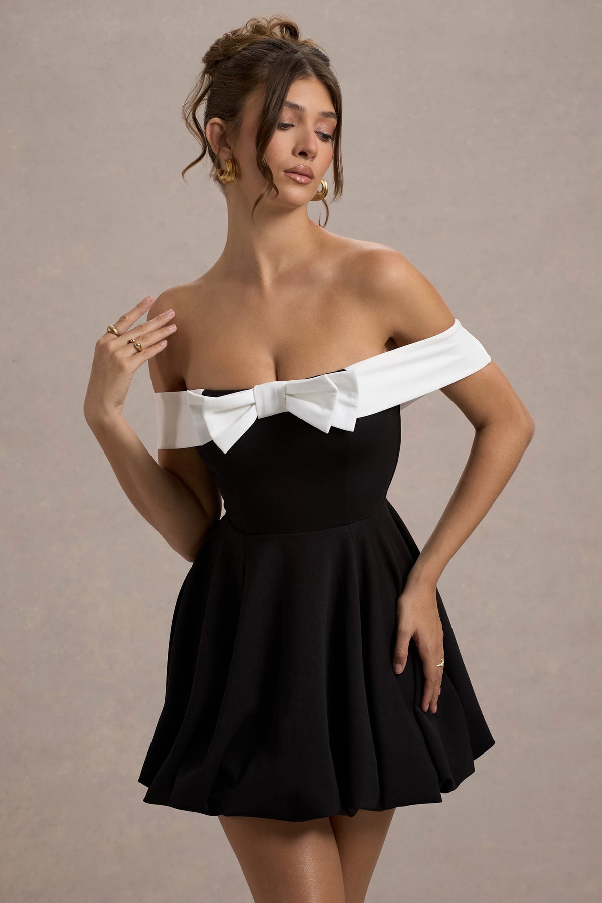 Minimoiselle | Black & White Bow Bardot Mini Dress With Puff-Ball Skirt