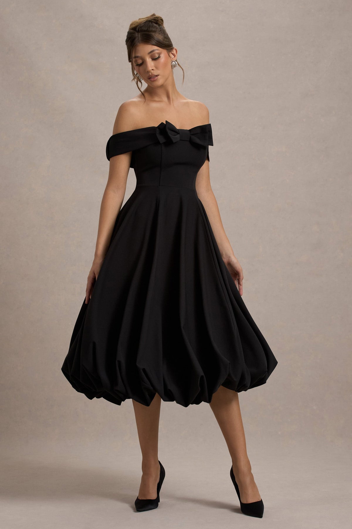 Calliopia | Black Bow Bardot Midi Dress With Puff-Ball Skirt