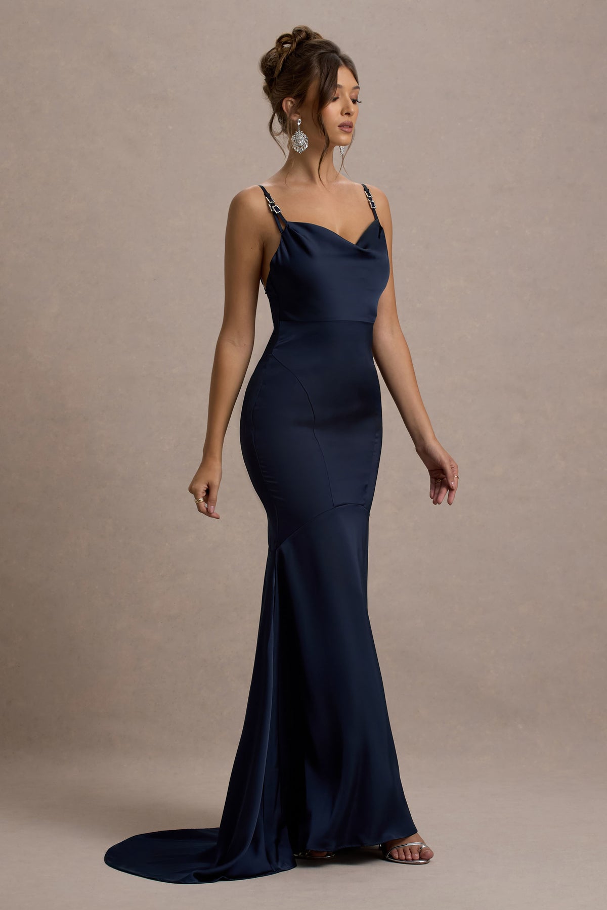 Made With Love Navy Satin Strappy Fishtail Maxi Dress Club L London UAE