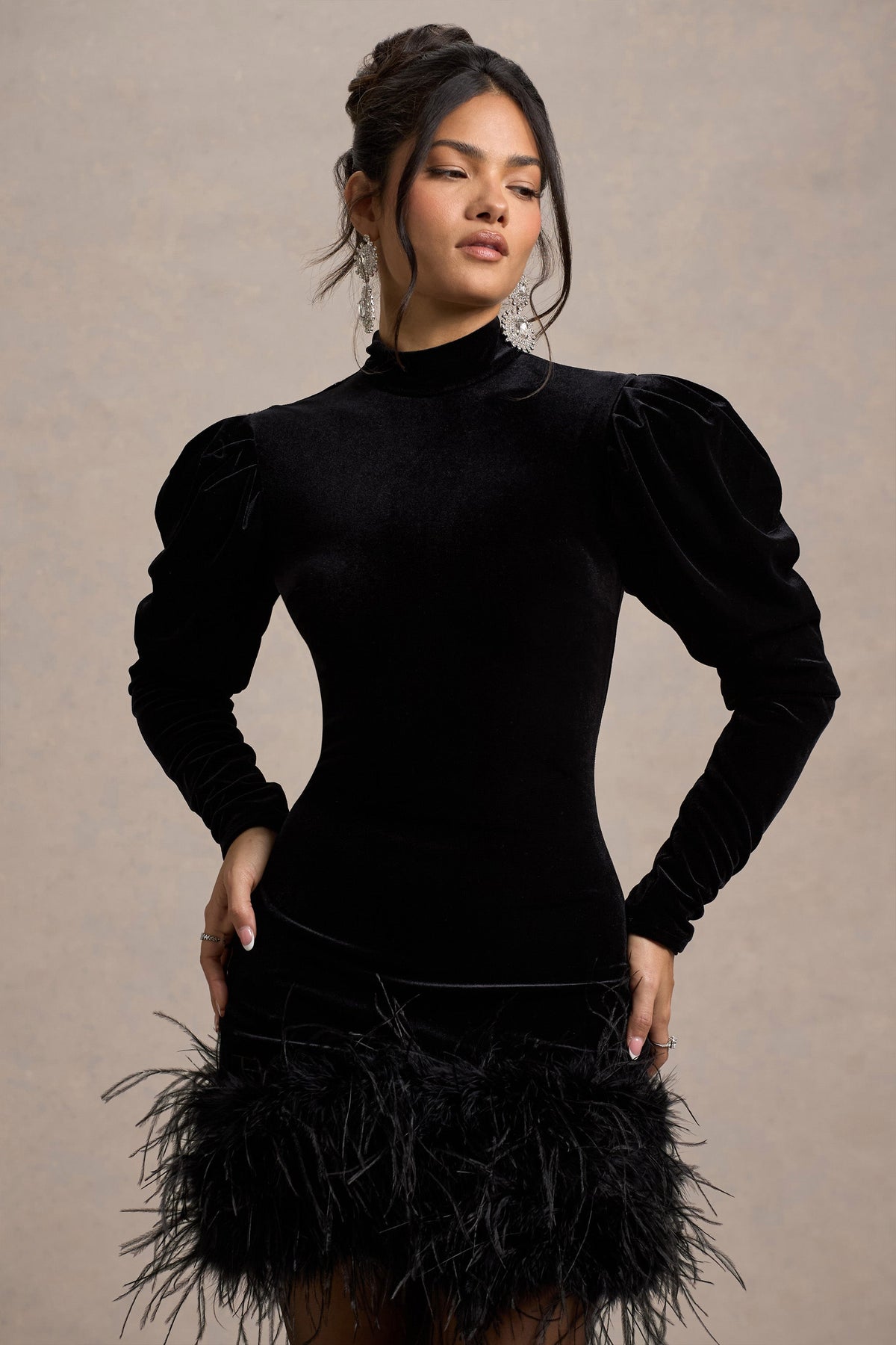 Issa | Black Velvet Long-Sleeve Mini Dress With Feather Trim